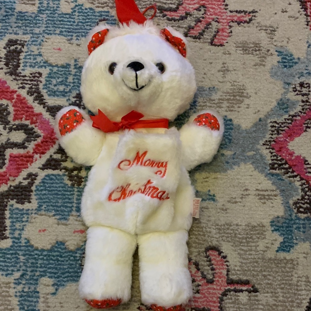 Vintage White Merry Christmas Teddy Bear with Red Accents stocking